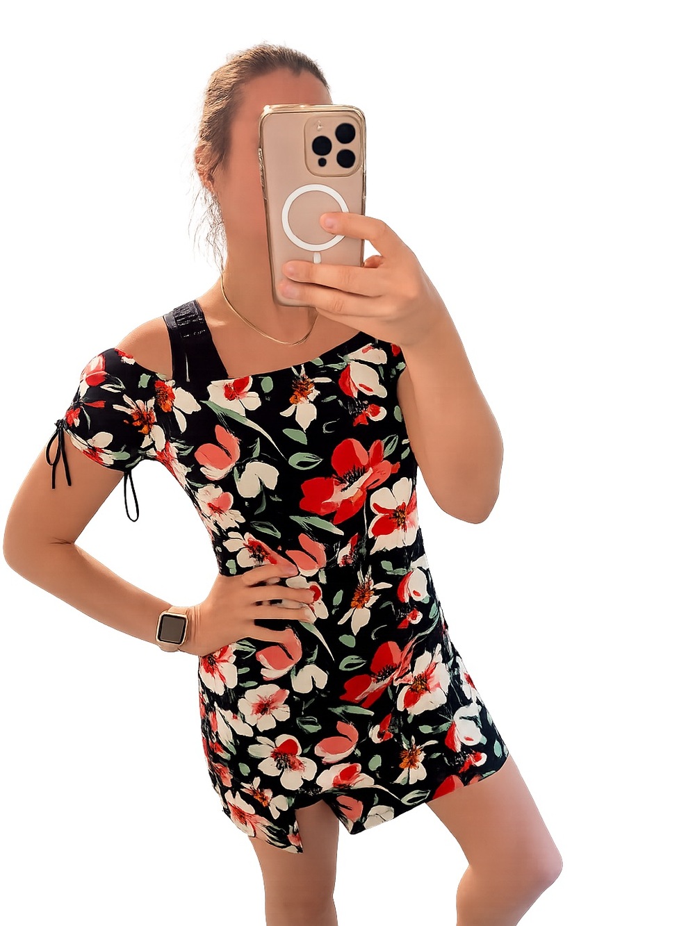 Floral Off-Shoulder Mini Dress in Black and Red